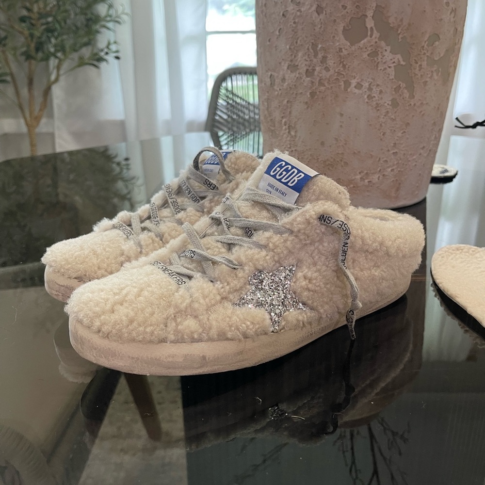 Golden Goose Superstar Sabot distressed glittered shearling slip-on sneakers